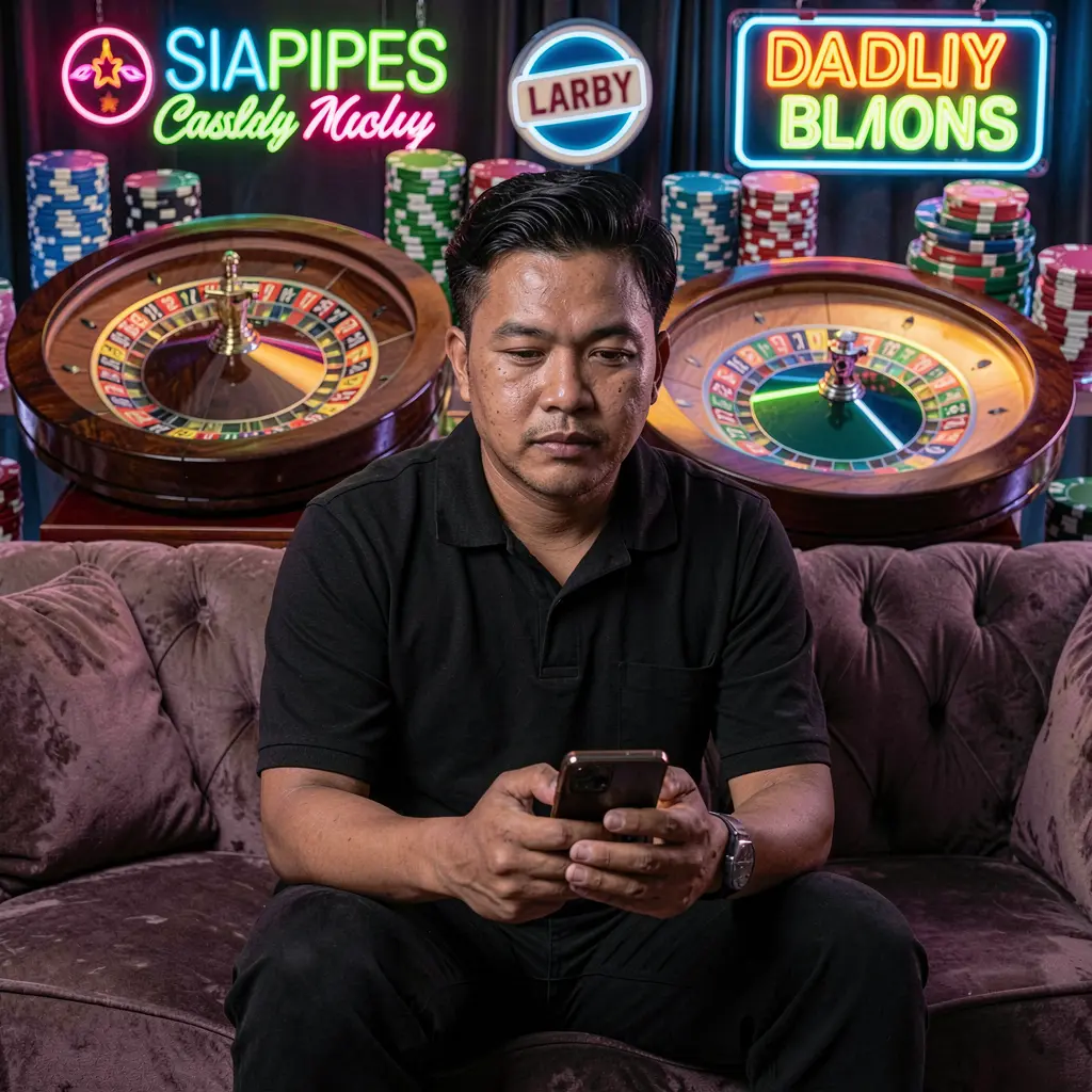 Stylish Filipino man relaxing on a sofa while using the BEARJL casino app surrounded by glowing roulette wheels poker chips and neon casino visuals