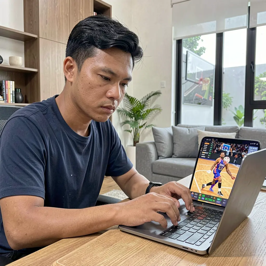 BEARJL Bet – Experience smooth and reliable sports betting in the Philippines Focused Filipino sports bettor analyzing live basketball odds on a laptop using the BEARJL betting platform in a modern home setting