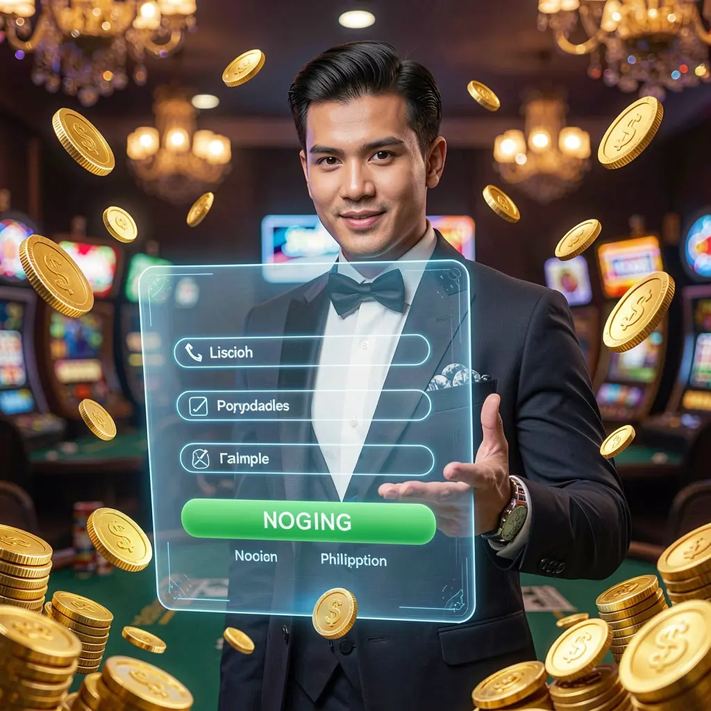 Stylish Filipino casino professional guiding players towards a BEARJL login interface with dynamic golden light effects