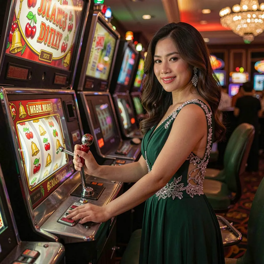 Elegant Filipino woman in a luxurious evening gown playing a glowing slot machine in a modern casino atmosphere at BEARJL slots Philippines